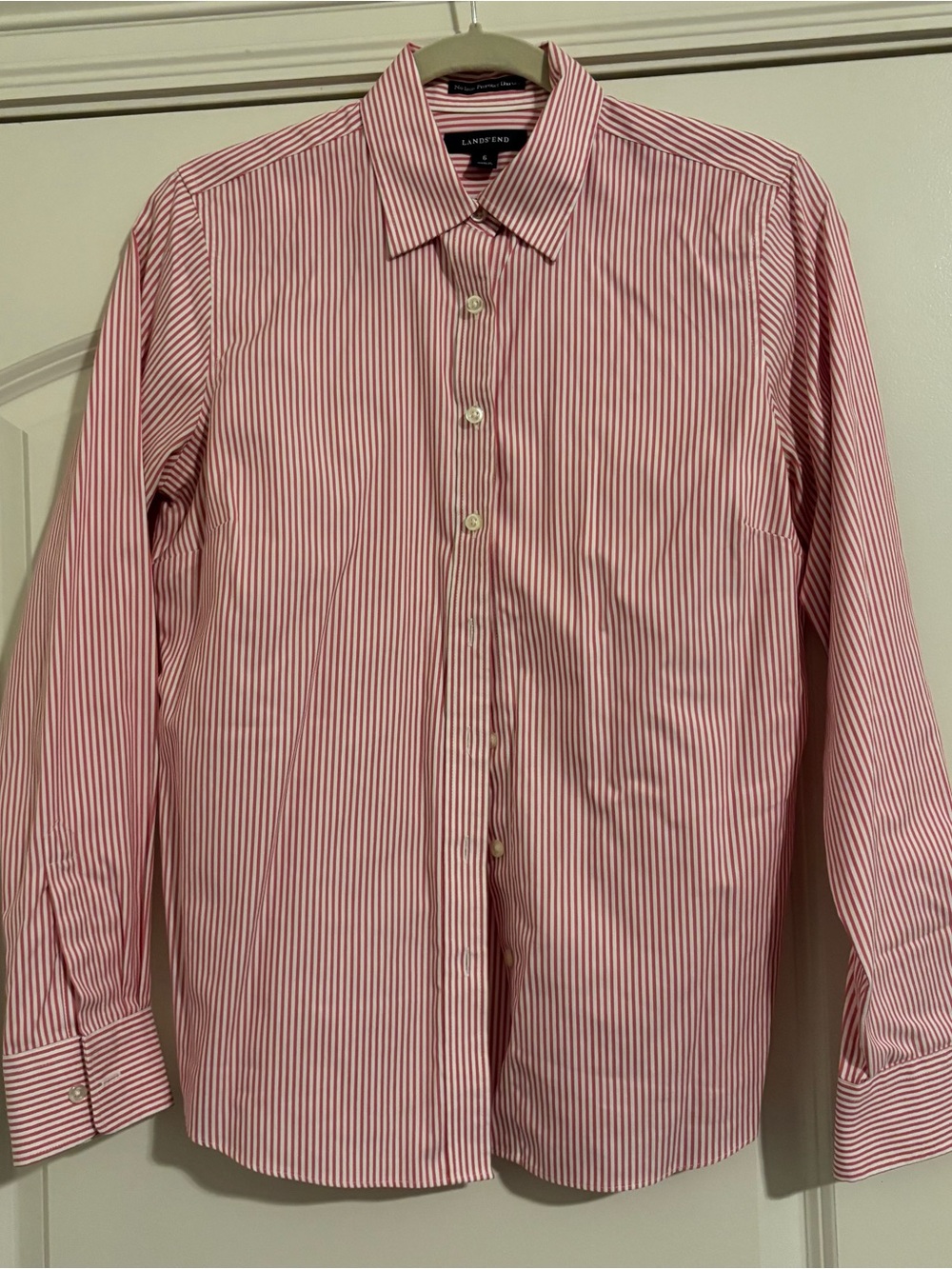 Lands' End Red and White Vertical Stripe Button-Down women’s Shirt